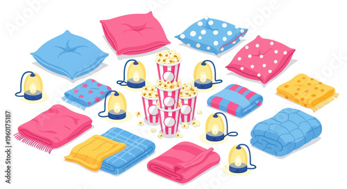 Cozy Movie Night Setup: Popcorn, Blankets, Pillows, and Lanterns