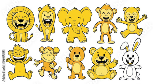 Cute cartoon yellow animals, happy faces, jungle characters, playful and cheerful
