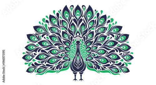 Elegant Peacock Illustration with Ornate Tail Feathers, Vibrant Green and Blue Design