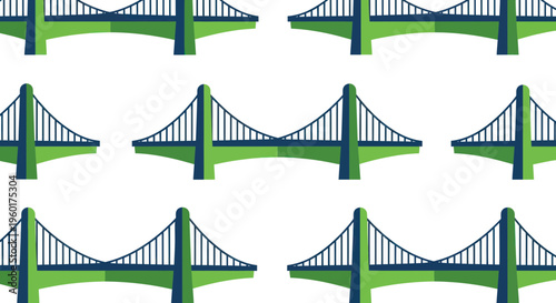 Seamless Pattern of Green and Blue Suspension Bridges on White Background