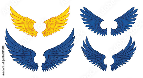 Set of Four Angel Wings, Yellow and Blue, Isolated on White Background