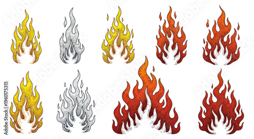 Set of Hand-Drawn Flames and Fire Illustrations, Warm and Cool Tones, Sketch Style