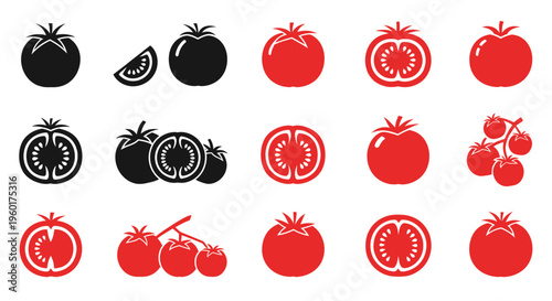 Tomato Icons Set: Whole, Sliced, and on Vine - Red and Black Silhouettes