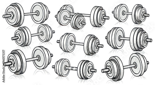 Set of Hand Drawn Dumbbells for Fitness and Weightlifting