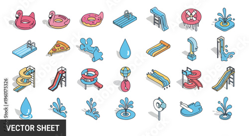 Summer Fun Vector Icons: Water Slides, Inflatables, Pool Toys
