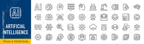 Artificial Intelligence web icons in line style. Innovation technology, machine, robot, bot, brain, collection. Vector illustration.