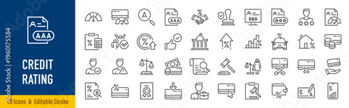 Credit Rating and score web icons in line style. Financial scoring, mortgage, money, guarantors, auditor, collection. Vector illustration.