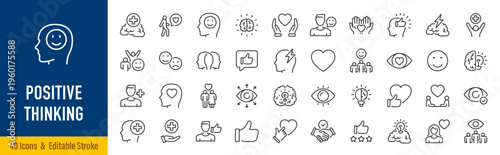 Positive thinking web icons in line style. Lifestyle, charity, optimism, happiness, psychology, love, collection. Vector illustration.