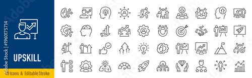Upskill web icons in line style. Reskill, progress, strategy, skill, collection. Vector illustration.