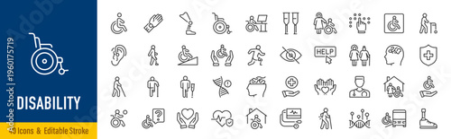 Disability web icons in line style. Wheelchair, disabled people, blind, disabled, assistance, deafness, collection. Vector illustration.