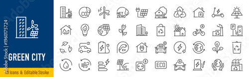 Green city web icons in line style. Green energy, autonomous building, efficient, environment, recycle technology, renewable solar, collection. Vector illustration.