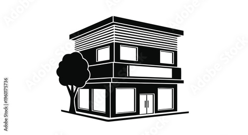 Vector illustration of modern twostory commercial building icon with a tree