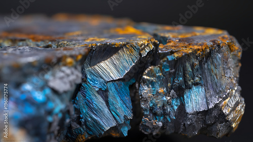 Macro close-up of fractured metallic mineral rock with blue and gold iridescent crystalline textures on dark background, shallow depth of field, abstract geology detail.
