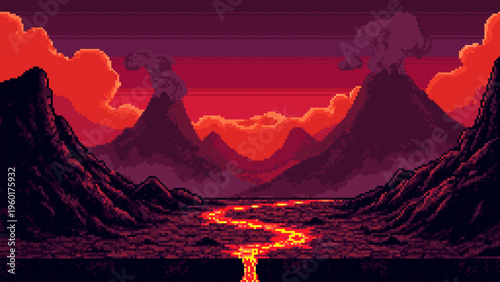 Pixel art landscape of erupting volcano with river of lava. Retro gaming background featuring mountains and hot magma flow. Digital illustration of volcanic eruption in darkness.