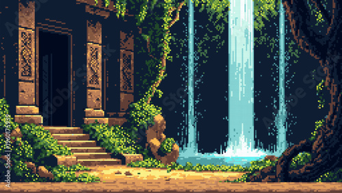 Pixel art waterfall by ancient stone temple entrance. Jungle landscape with rocky stairs and tropical vegetation. Retro video game background design for adventure platformer level.