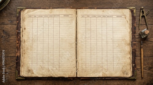 Tablou pe pânză Open Antique Nautical Logbook Resting On Rustic Wooden Desk