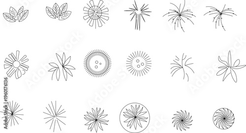 Technical architectural plan view symbols showing various trees, shrubs and plants with different canopy patterns for landscape design.