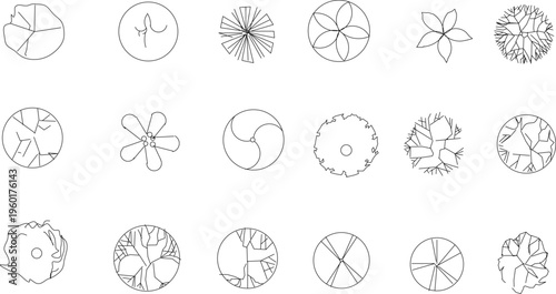 Technical architectural plan view symbols showing various trees, shrubs and plants with different canopy patterns for landscape design.