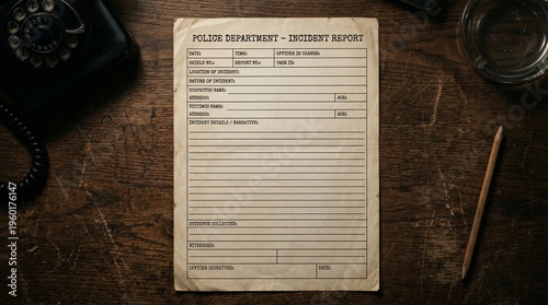 Canvas Print Vintage Blank Police Incident Report On Scratched Wooden Desk