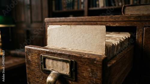 Schilderij op canvas Open Antique Library Catalog Drawer With Blank Index Card