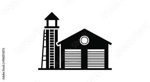 Vector illustration of fire station icon with watchtower and garage doors