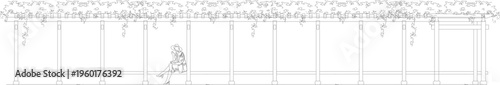 Technical landscape elevation drawing showing long pergola walkway with vertical columns, overhead beams, climbing vegetation and seated person for scale.