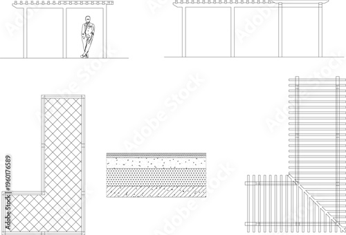 Technical architectural drawings showing fence, gate and wall details with elevation views, plan views, section details and construction specifications