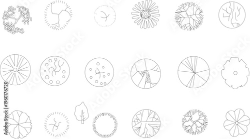 Technical architectural plan view symbols showing various trees, shrubs and plants with different canopy patterns for landscape design.