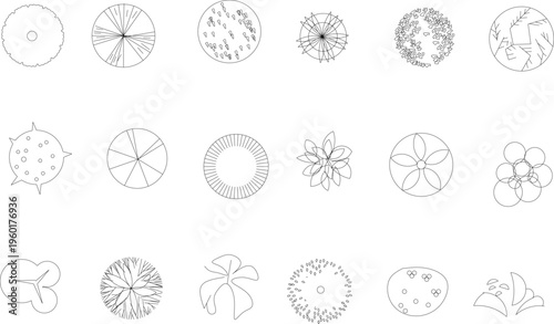 Technical architectural plan view symbols showing various trees, shrubs and plants with different canopy patterns for landscape design.