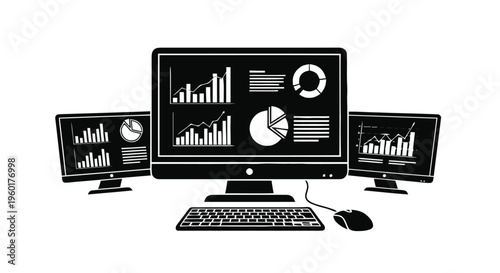 Vector illustration of computer workstation with multiple monitors displaying data analytics charts