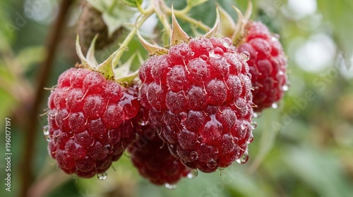 Extreme close-up of fresh raspberry cluster 