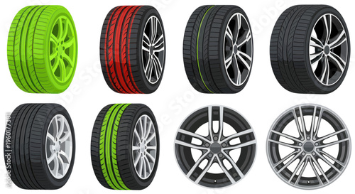 Collection of Car Tires and Alloy Wheels, Colorful and Diverse Designs