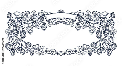 Vintage Hop Vine Border Frame with Ribbon Banner - Hand Drawn Illustration