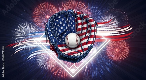 American baseball glove with fireworks and patriotic design