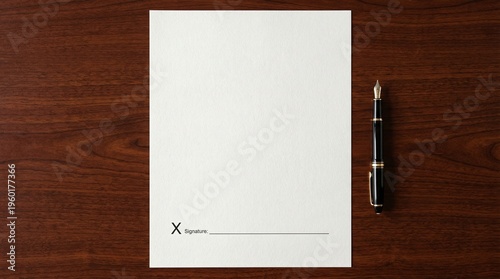 Tableau sur toile Blank Document With Signature Line And Fountain Pen On Wooden Desk