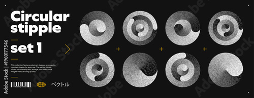 Grain Texture Circle with Gradient Noise for A Circular Dot and Stipple Spray Brush Effect. Black Etching and Splatter Dotwork in A Radial Moon Shape on A White Background. Abstract Line