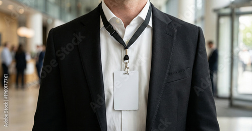 Fotografie Man In Black Suit Wearing Lanyard With Blank White ID Badge