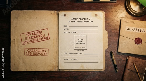 Foto Open Top Secret Dossier With Blank Agent Profile On Wooden Desk
