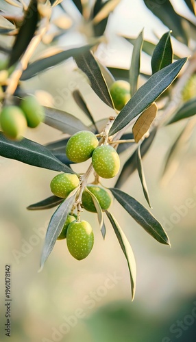 Lush green olive branch with abundant ripe olives ready for harvest in sunlit Mediterranean orchard.