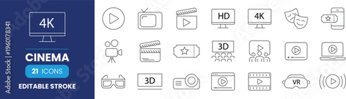 Cinema set of web icons in line style. Movie and Film linear icon collection. Containing video, movie theater, 3d, vr, ticket, director, soundtrack and more. Editable stroke