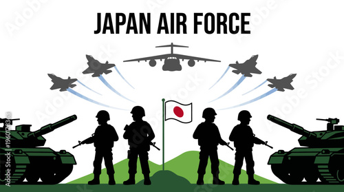 Modern Japanese military forces illustration showcasing national defense and security capabilities with advanced air and ground assets