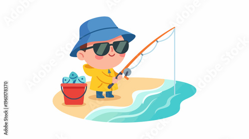 Adorable cartoon character, dressed in a vibrant yellow raincoat and blue hat, happily fishing by the sandy shore with a full bucket of fish, depicting a joyful outdoor leisure activity