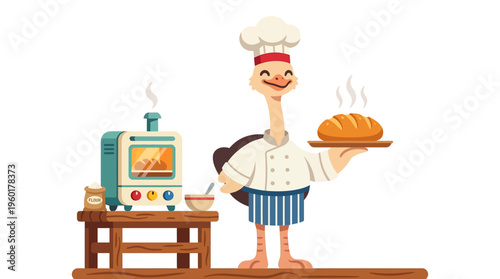 A charming cartoon ostrich chef proudly presents a freshly baked loaf of bread, standing next to a miniature oven with steam rising