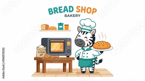 Cute cartoon zebra baker in a chef's hat holding a freshly baked loaf of bread, standing next to a microwave and flour bag in a bakery setting