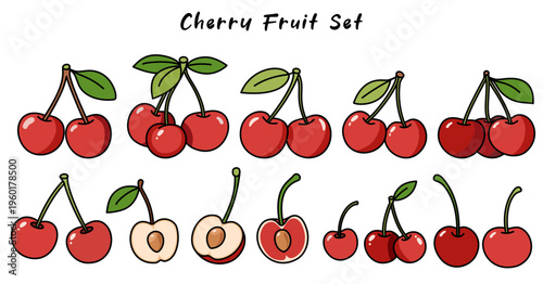 Delight in this cherry fruit set showcasing vibrant cherries in various stages, from whole to halved, capturing essence of freshness and sweetness