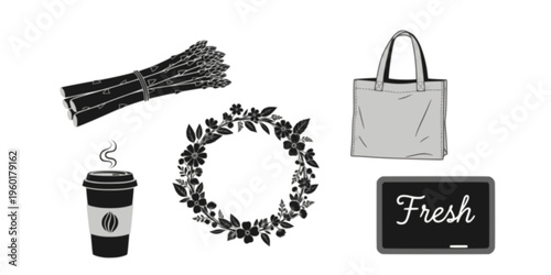 Collection of farmers market themed illustrations features fresh asparagus, a reusable tote bag, a coffee cup, a floral wreath, and a 'Fresh' chalkboard sign in a charming, flat graphic style