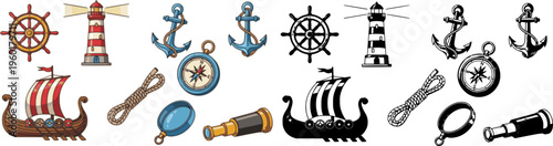 Collection of colorful nautical cartoon icons featuring a ship's wheel, lighthouse, anchor, Viking longship, compass, rope, and spyglass in a detailed illustrated set