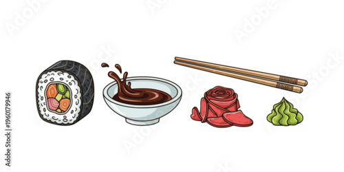 Colorful cartoon sushi set with maki roll, soy sauce, chopsticks, pickled ginger, and wasabi paste arranged in a row, a detailed vector illustration for Asian cuisine concepts