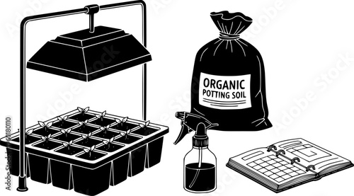 Gardening equipment set for starting seeds indoors includes a seedling tray under a grow light, a spray bottle, a planner, and a bag of organic potting soil in a flat vector style