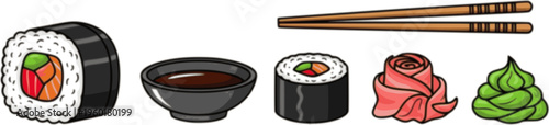 Colorful cartoon sushi set with maki roll, soy sauce, chopsticks, pickled ginger, and wasabi paste arranged in a row, a detailed vector illustration for Asian cuisine concepts